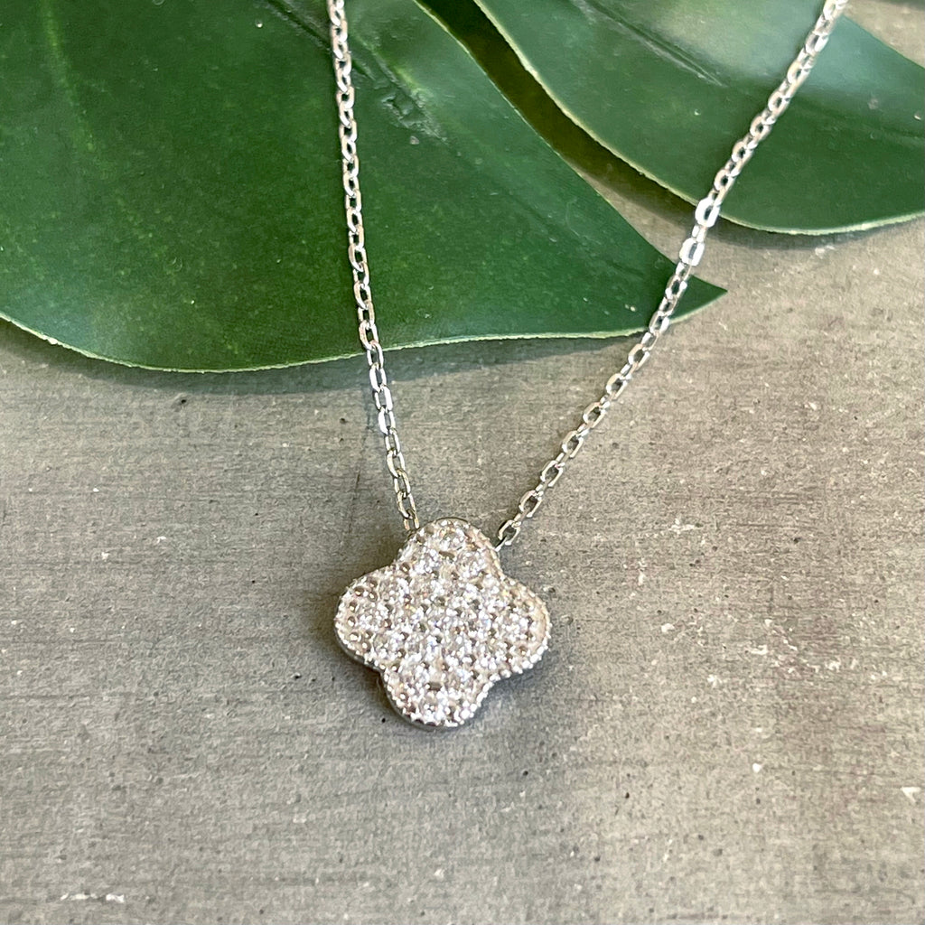 Rhodium Plated Sterling Silver and Sterling Vermeil CZ Clover Necklace