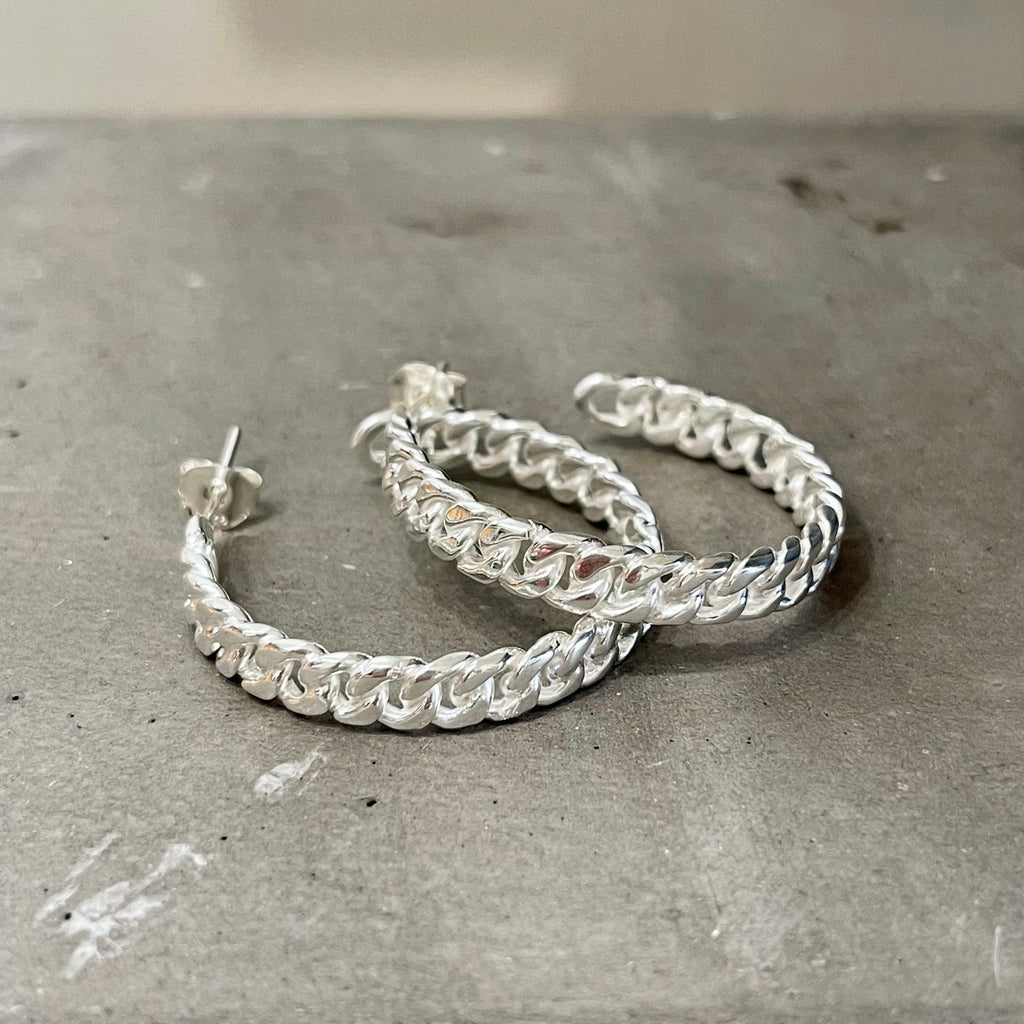 Sterling Silver Curb Chain Hoops - Silver