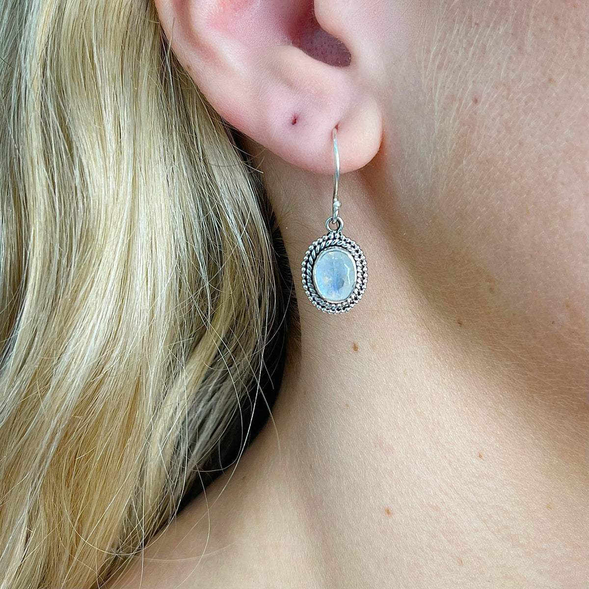 Sterling Silver Double Rope Design Moonstone Earrings