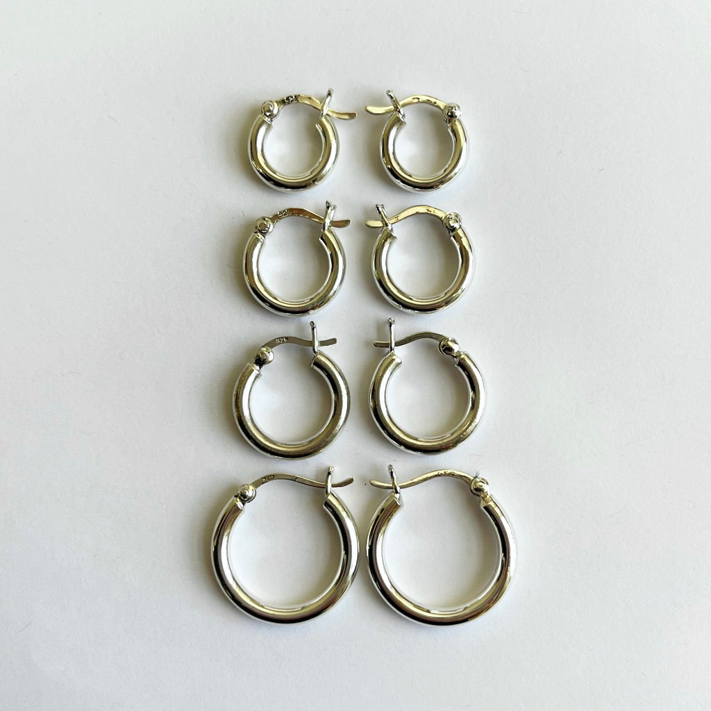 Sterling Silver 3 x 12, 3 x 14, 3 x 16, and 3 x 20mm Snap Top Hoops