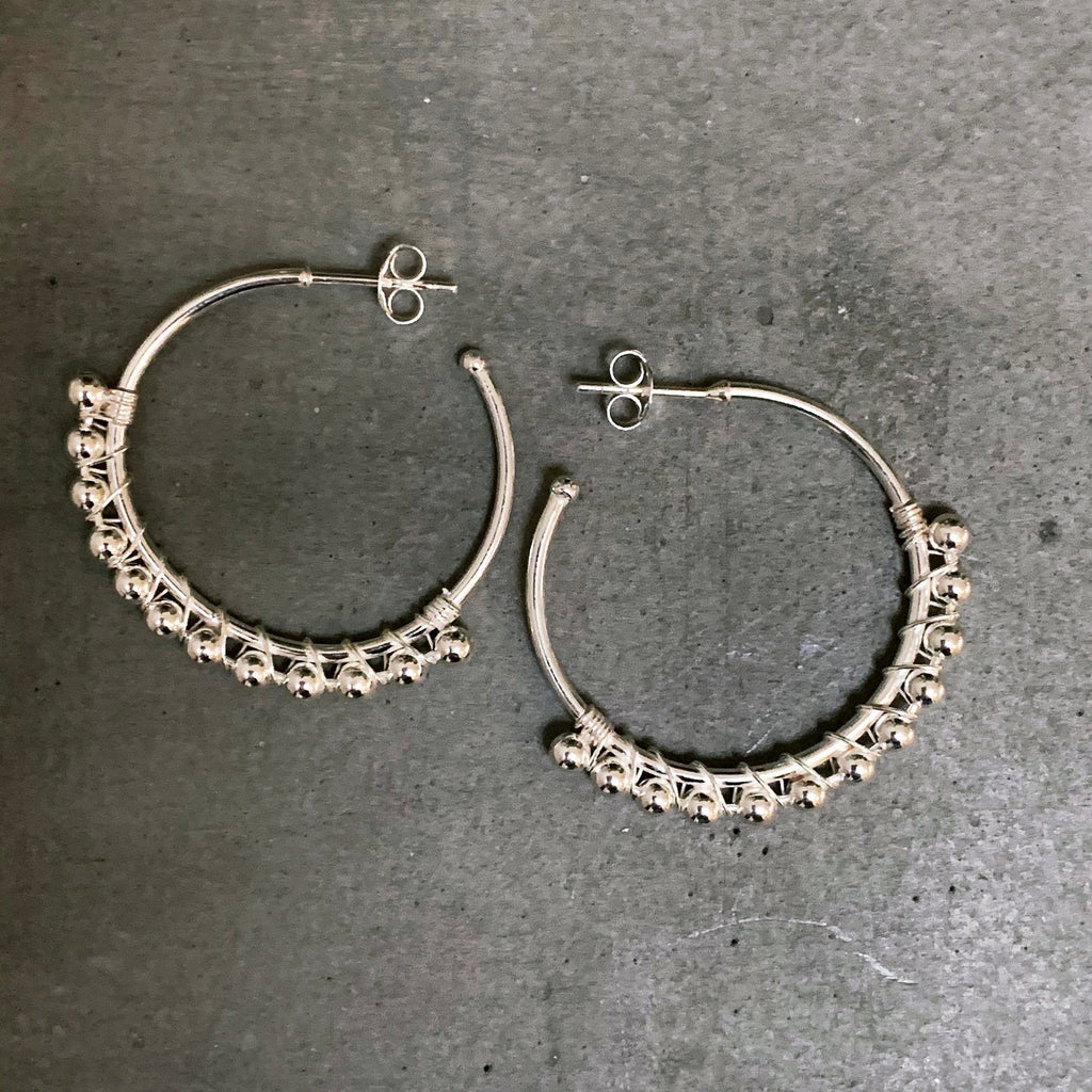 Sterling Silver Wire Bead Post Hoops 30mm