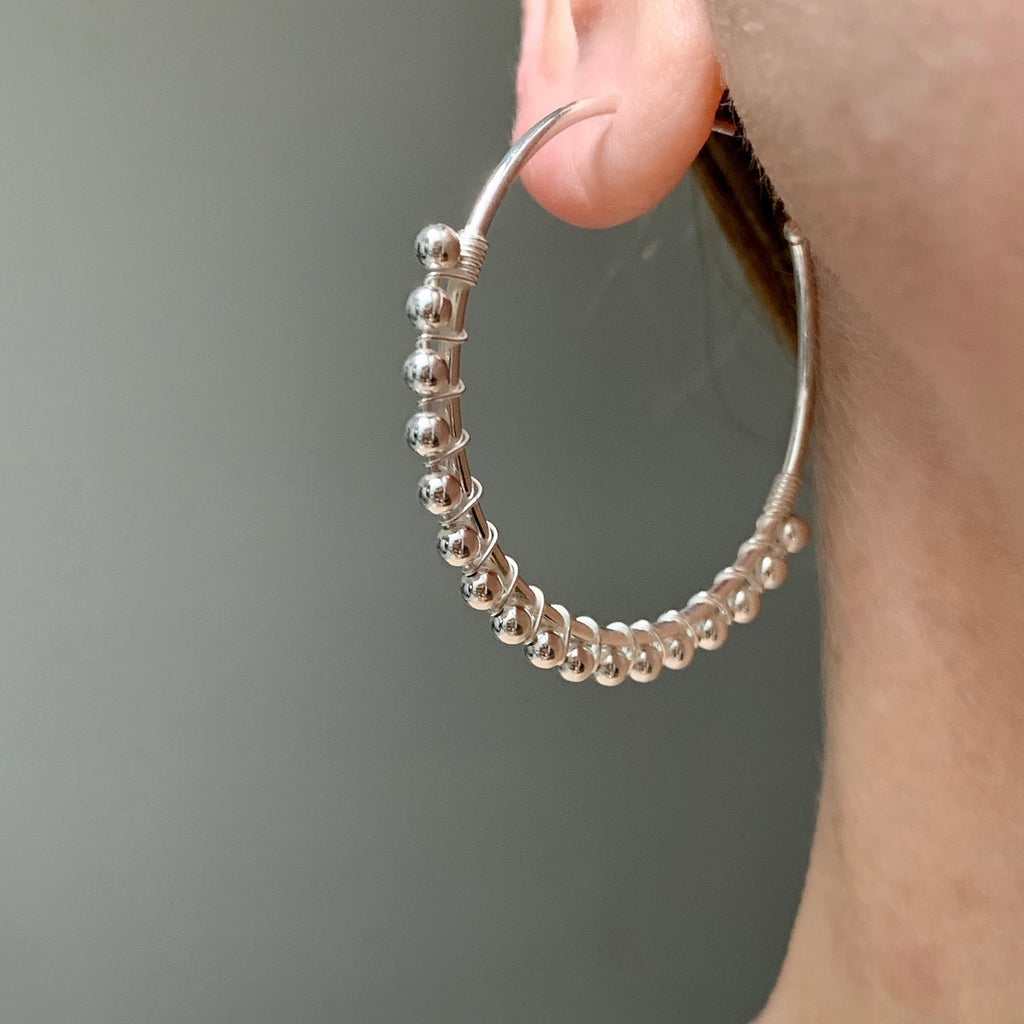 Sterling Silver Wire Bead Post Hoops 40mm