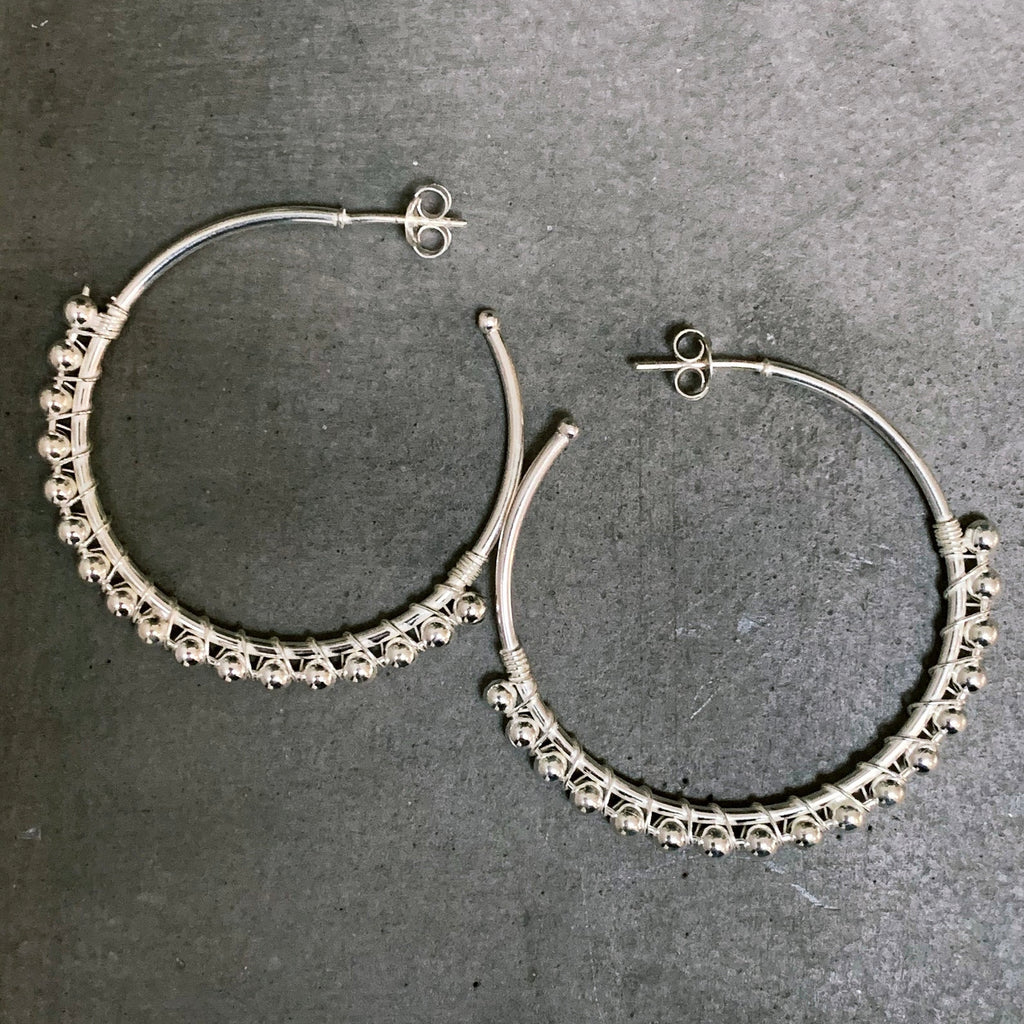 Sterling Silver Wire Bead Post Hoops 40mm